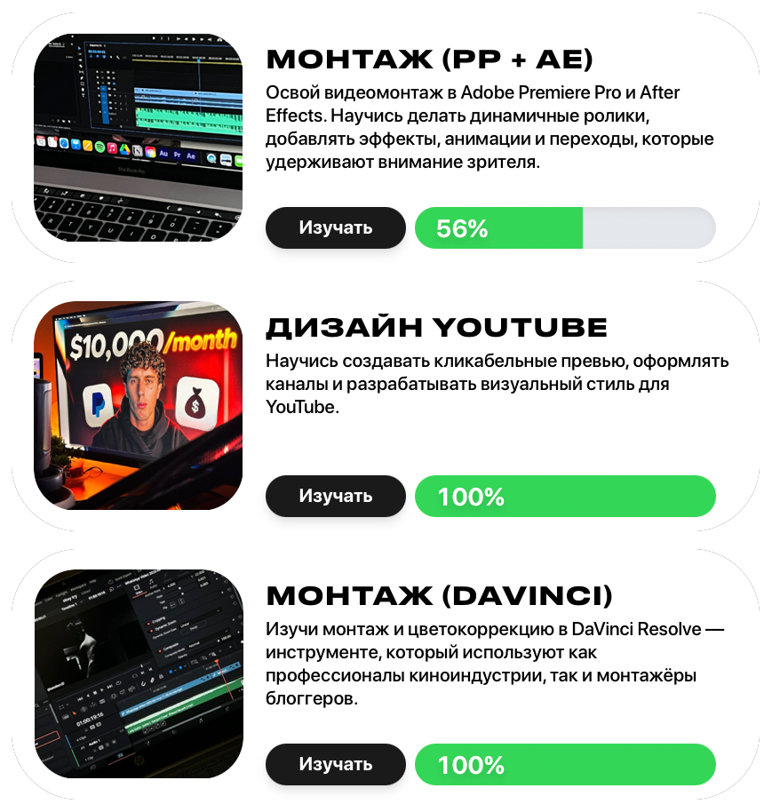 Модули профессий: Монтаж PP+AE, Дизайн YouTube, Монтаж DaVinci